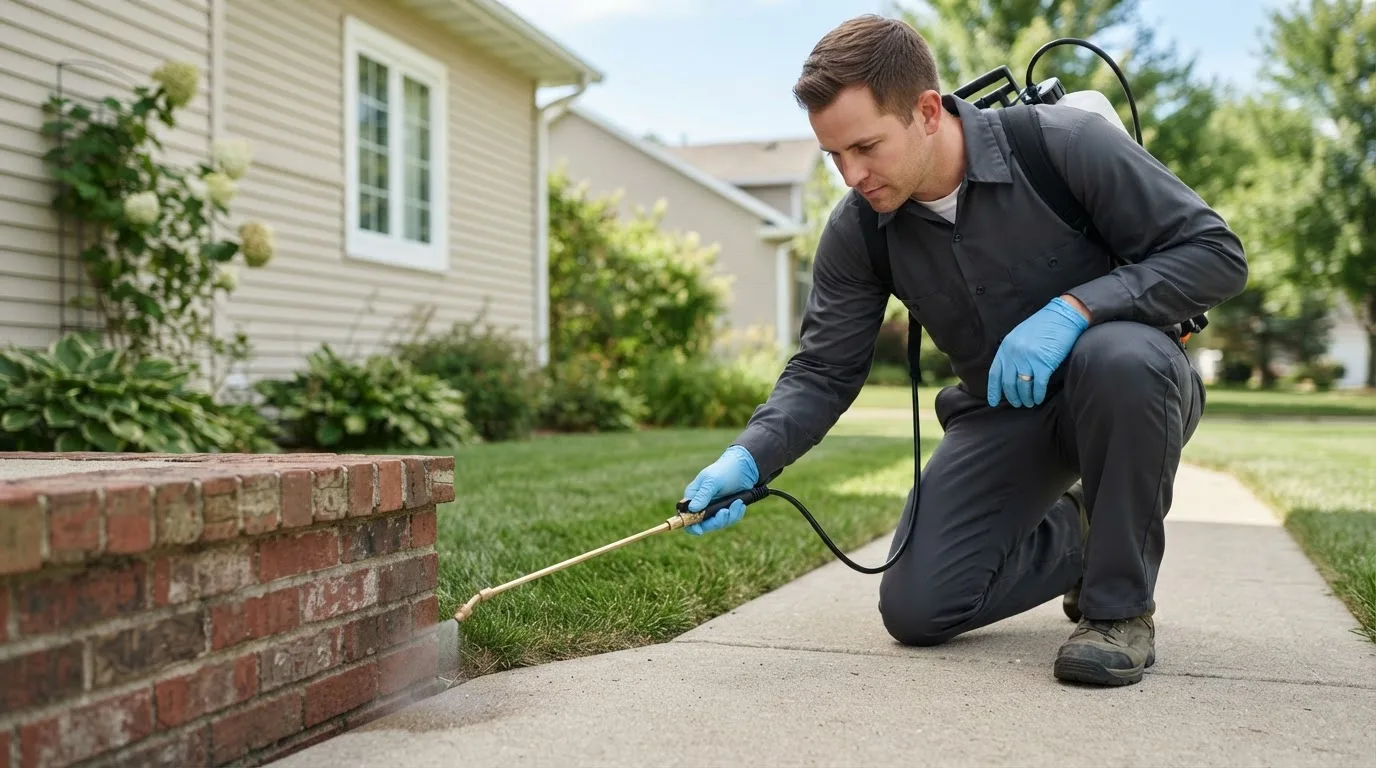 Pest control technician treating a home near Helena, OK