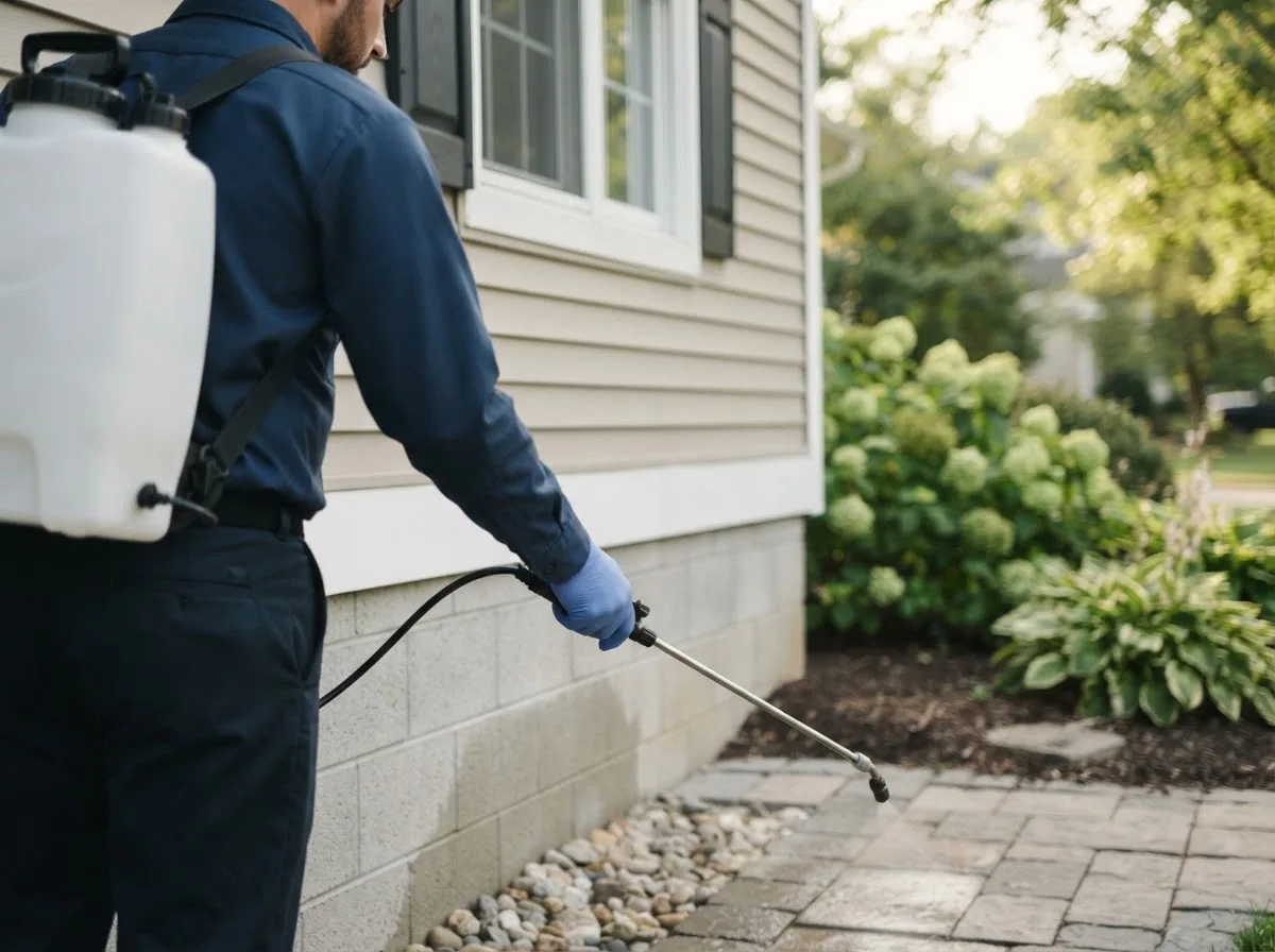 Pest control technician inspecting a home in Helena, OK